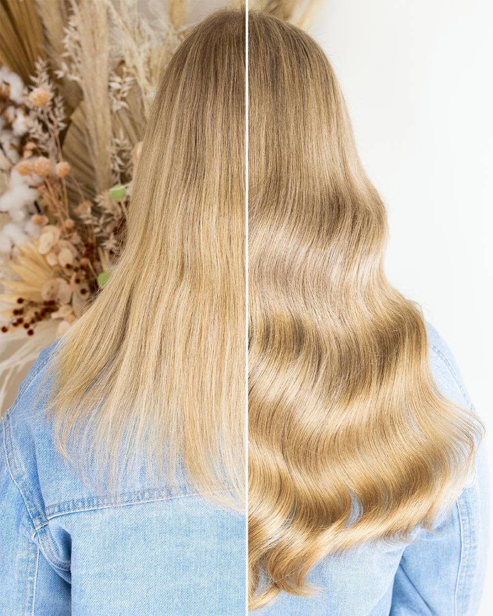 Before and after long-lasting virgin hair extensions