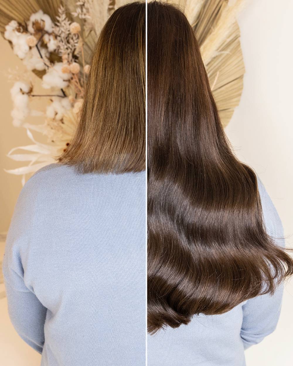 Before and after volume-enhancing hair extensions